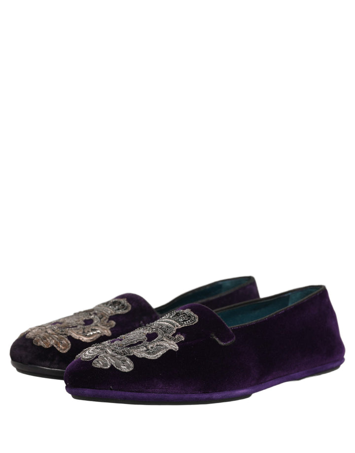 Men’s Dolce &amp; Gabbana Purple Velvet Crown Embroidery Loafers Shoes
