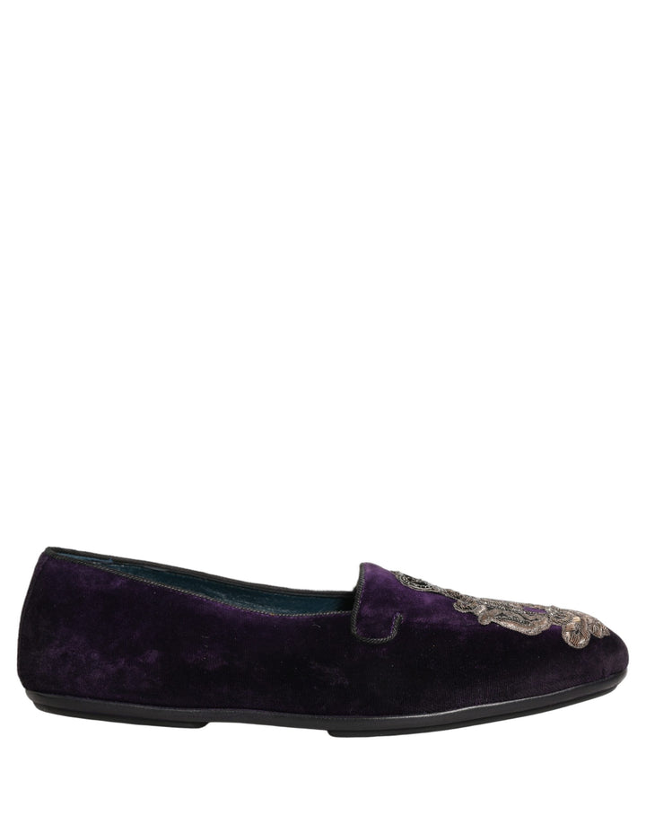 Men’s Dolce &amp; Gabbana Purple Velvet Crown Embroidery Loafers Shoes
