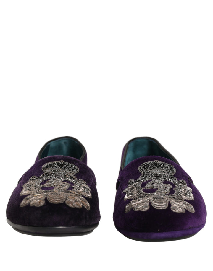 Men’s Dolce &amp; Gabbana Purple Velvet Crown Embroidery Loafers Shoes