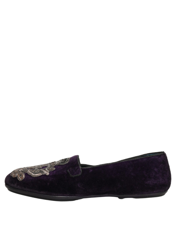 Men’s Dolce &amp; Gabbana Purple Velvet Crown Embroidery Loafers Shoes