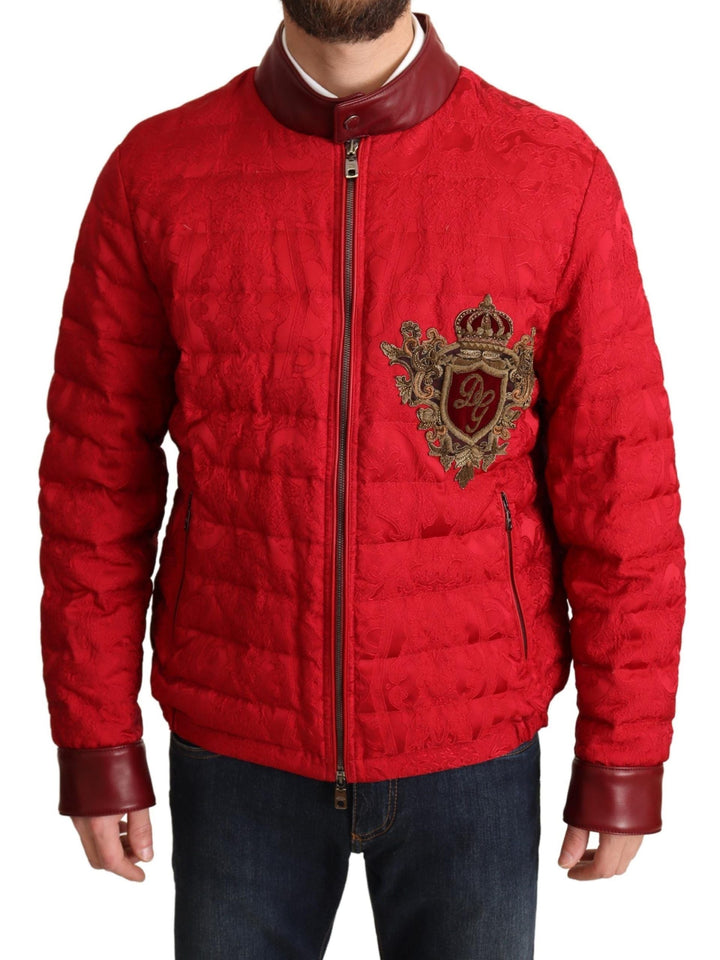 Men’s Dolce &amp; Gabbana Red Brocade Bomber Gold Crown Logo Coat Jacket