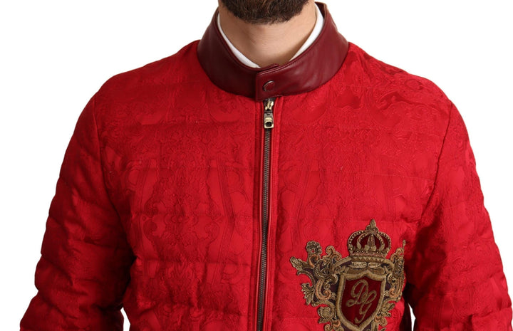 Men’s Dolce &amp; Gabbana Red Brocade Bomber Gold Crown Logo Coat Jacket