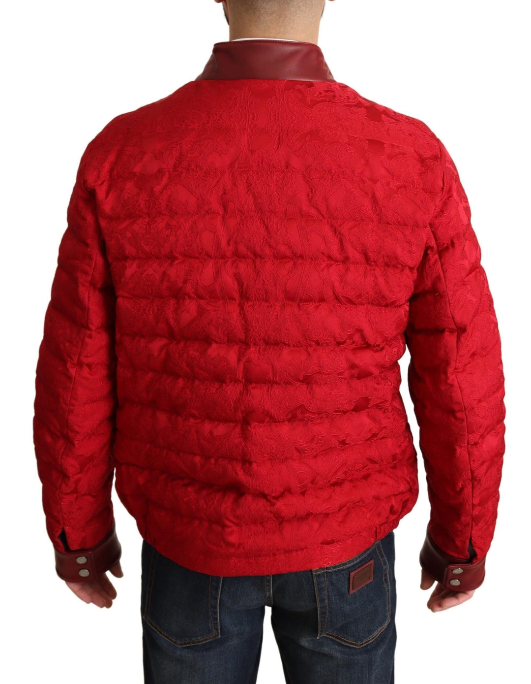 Men’s Dolce &amp; Gabbana Red Brocade Bomber Gold Crown Logo Coat Jacket