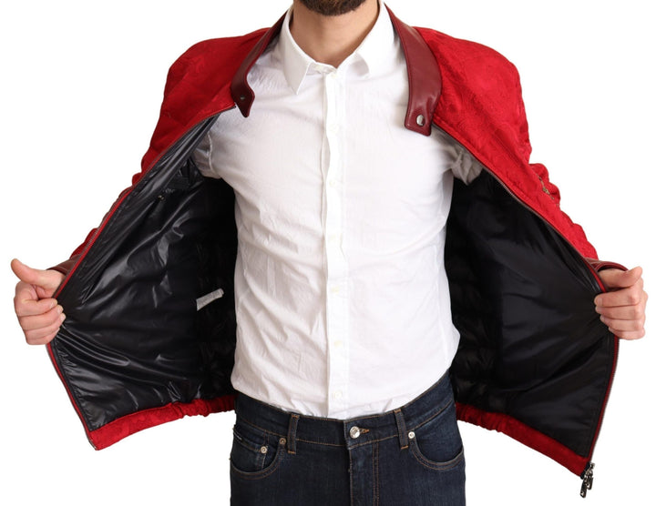 Men’s Dolce &amp; Gabbana Red Brocade Bomber Gold Crown Logo Coat Jacket