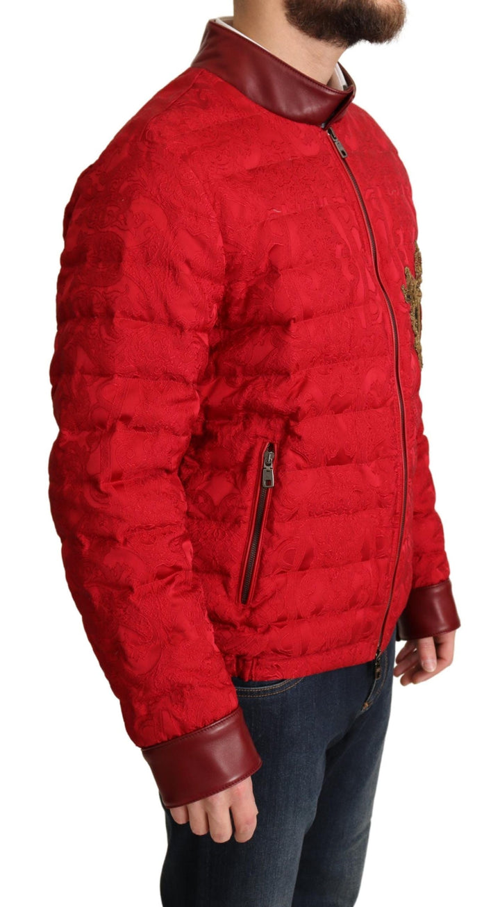 Men’s Dolce &amp; Gabbana Red Brocade Bomber Gold Crown Logo Coat Jacket