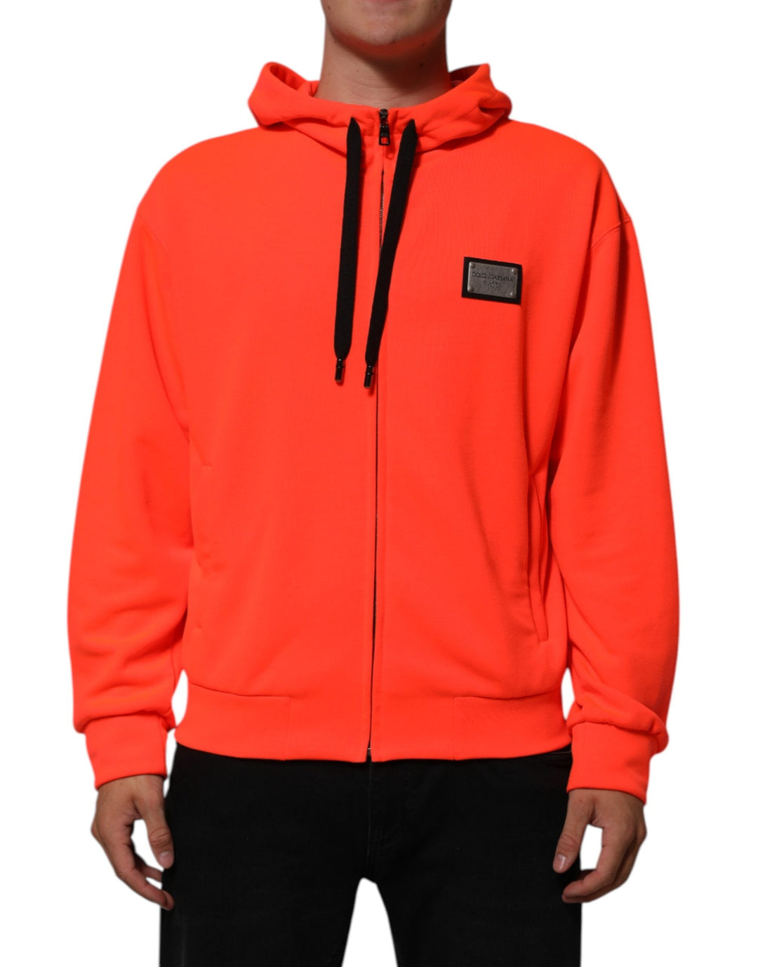 Men’s Dolce &amp; Gabbana Red Fluorescent Polyester Logo Patch Hoodie Sweater