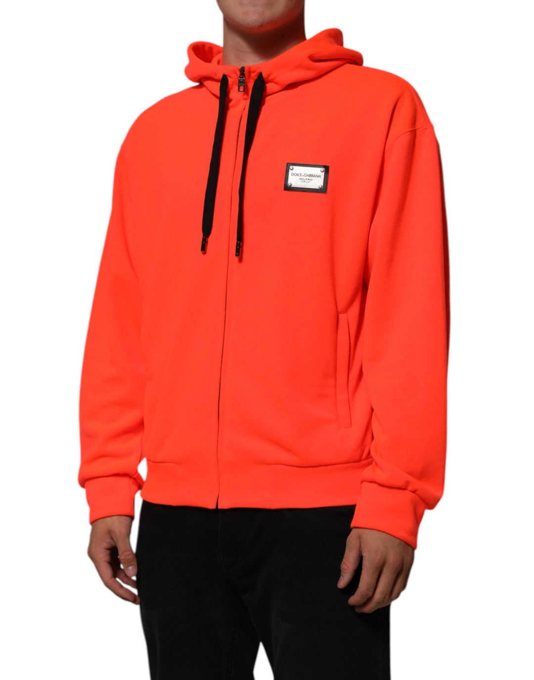 Men’s Dolce &amp; Gabbana Red Fluorescent Polyester Logo Patch Hoodie Sweater