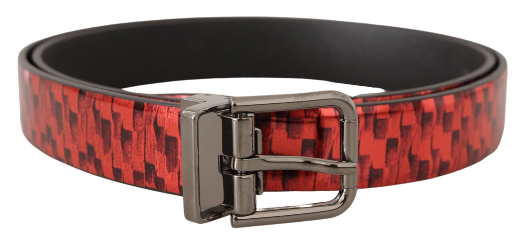Dolce &amp; Gabbana Red Herringbone Leather Gray Tone Buckle Belt