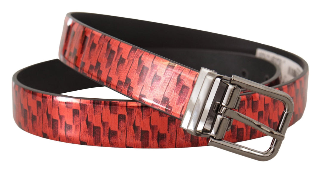 Dolce &amp; Gabbana Red Herringbone Leather Gray Tone Buckle Belt