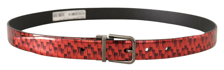 Dolce &amp; Gabbana Red Herringbone Leather Gray Tone Buckle Belt