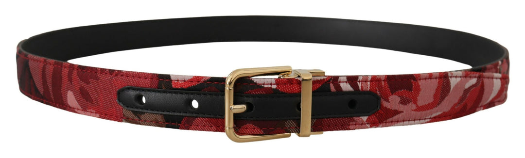 Dolce &amp; Gabbana Red Jacquard Rose Leather Gold Metal Buckle Belt