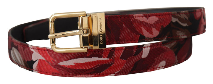 Dolce &amp; Gabbana Red Jacquard Rose Leather Gold Metal Buckle Belt