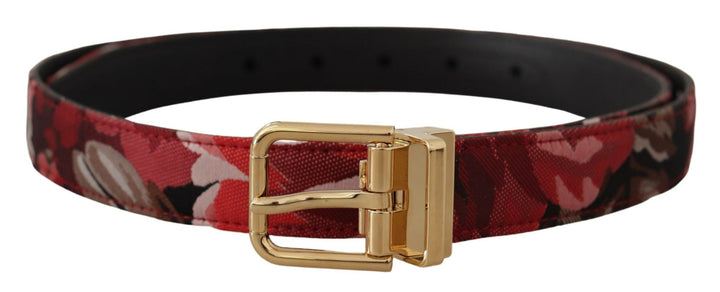 Dolce &amp; Gabbana Red Jacquard Rose Leather Gold Metal Buckle Belt