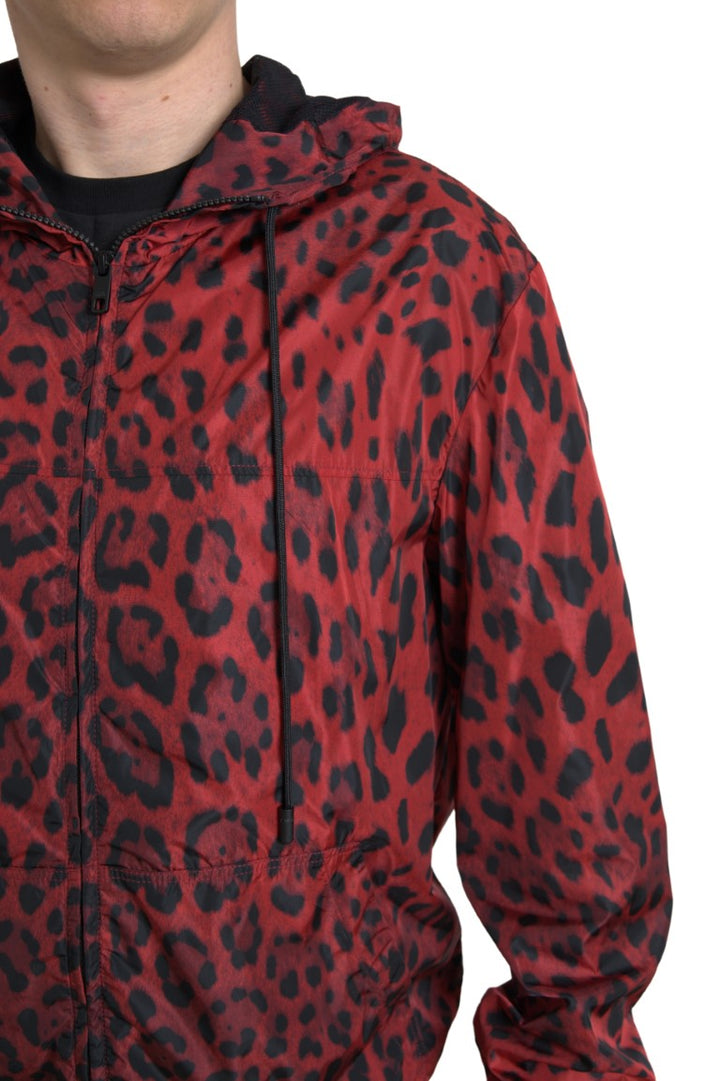 Men’s Dolce &amp; Gabbana Red Leopard Hooded Bomber Full Zip Jacket