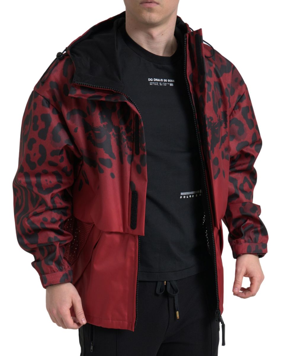 Men’s Dolce &amp; Gabbana Red Leopard Hooded Rain Coat Jacket