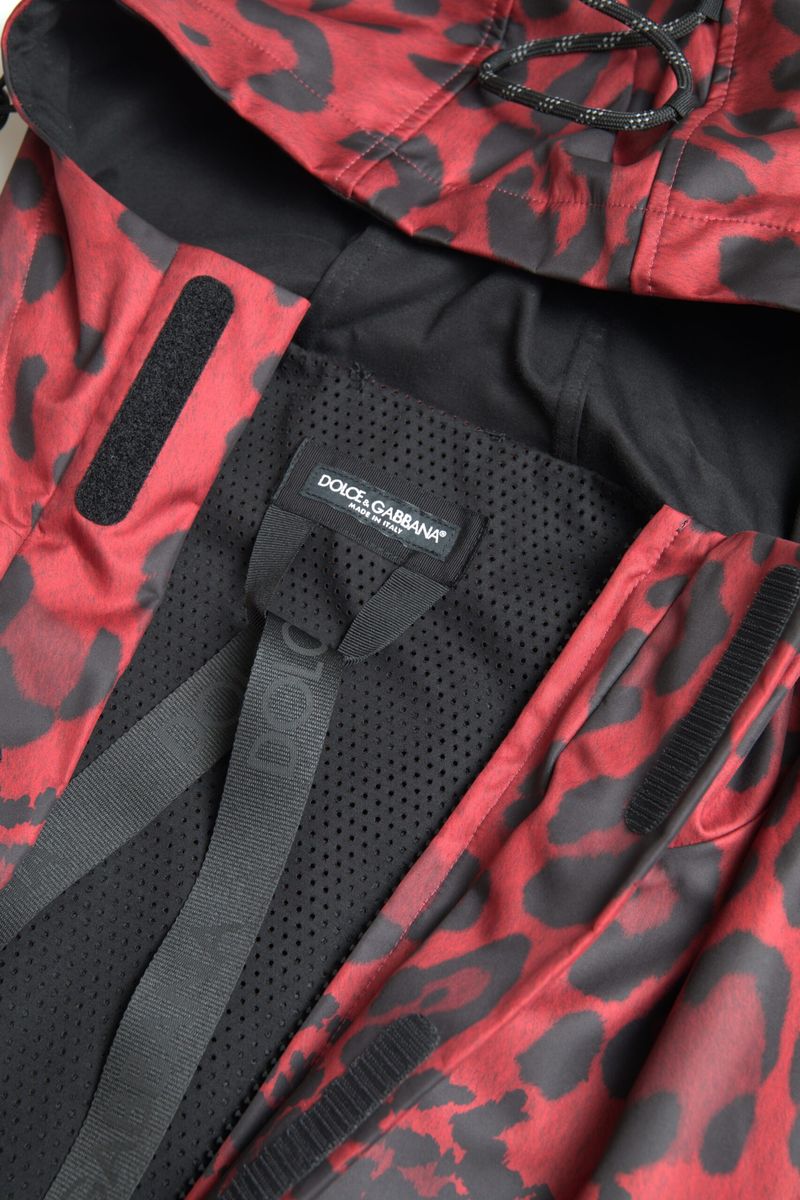 Men’s Dolce &amp; Gabbana Red Leopard Hooded Rain Coat Jacket