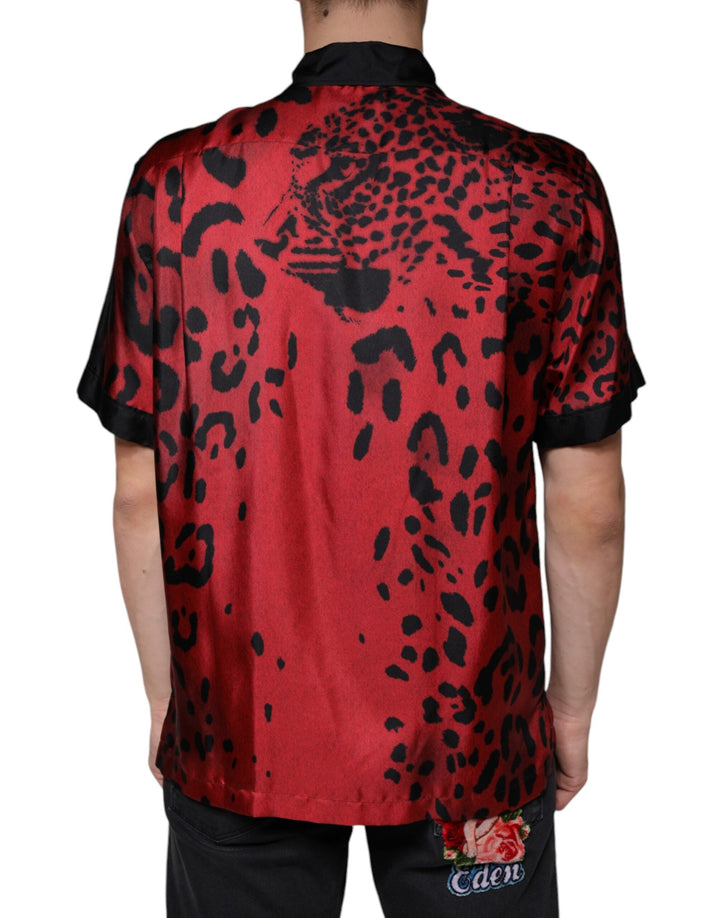 Dolce &amp; Gabbana Red Leopard Silk Button Down Casual Shirt