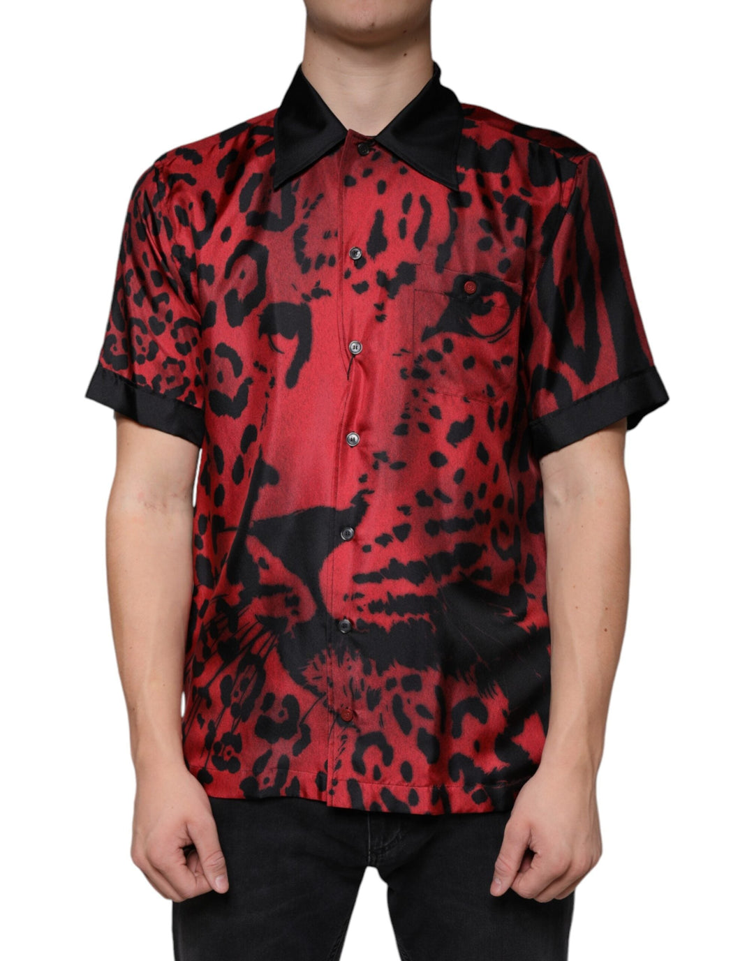 Dolce &amp; Gabbana Red Leopard Silk Button Down Casual Shirt