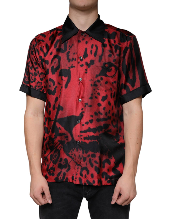 Dolce &amp; Gabbana Red Leopard Silk Button Down Casual Shirt