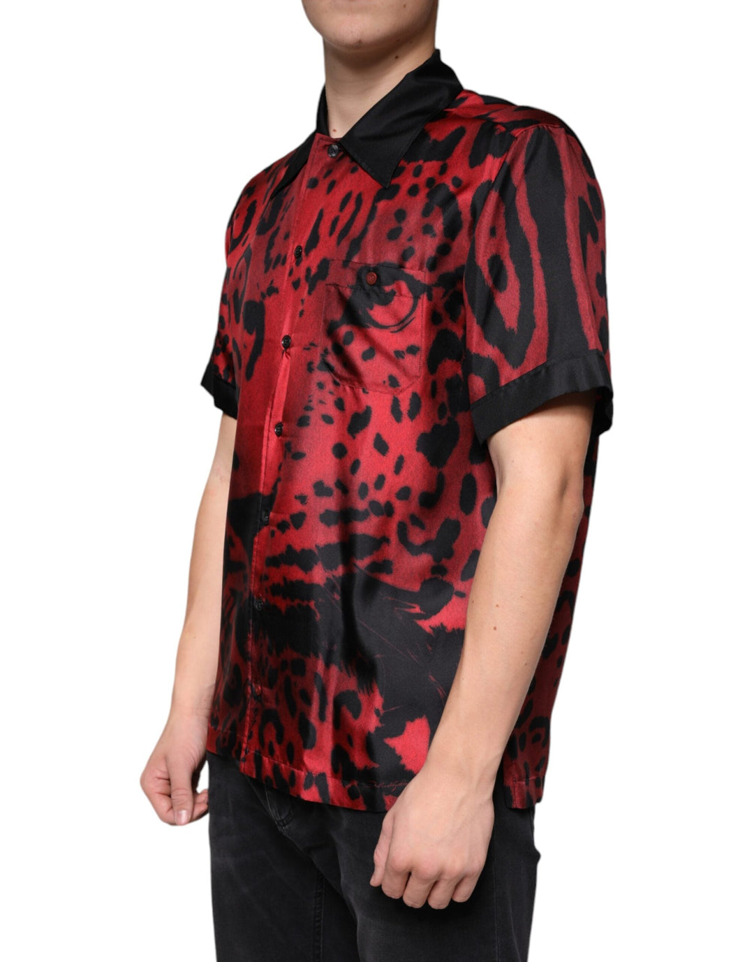 Dolce &amp; Gabbana Red Leopard Silk Button Down Casual Shirt