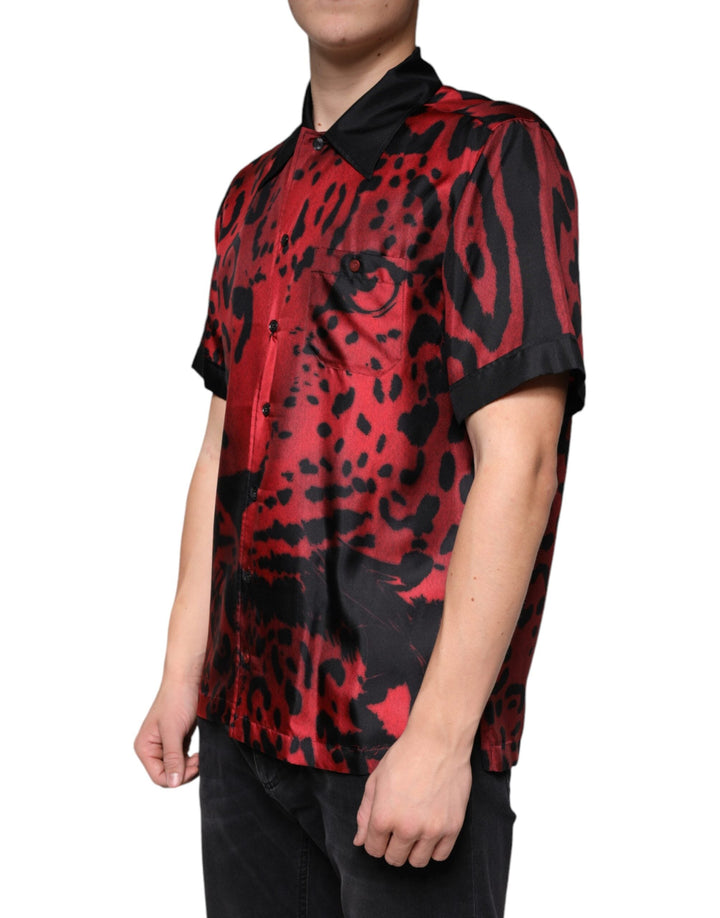 Dolce &amp; Gabbana Red Leopard Silk Button Down Casual Shirt
