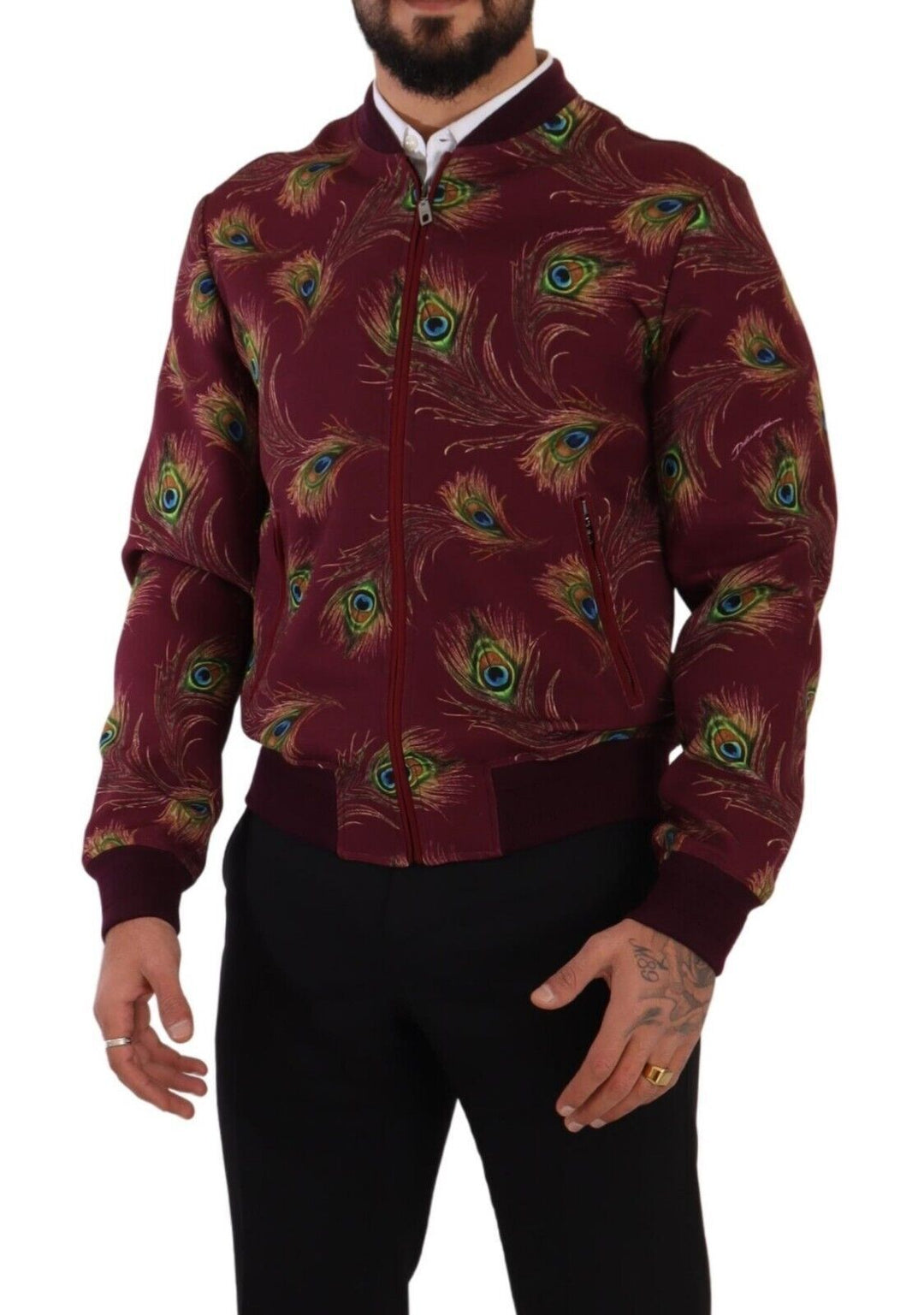 Men’s Dolce &amp; Gabbana Red Peacock Polyester Stretch Full Zip Jacket