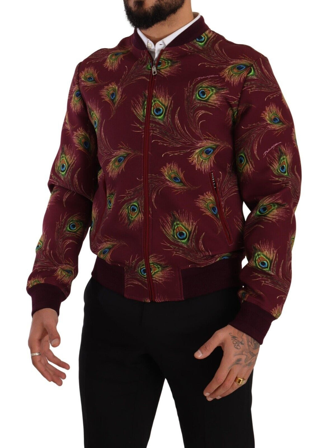 Men’s Dolce &amp; Gabbana Red Peacock Polyester Stretch Full Zip Jacket