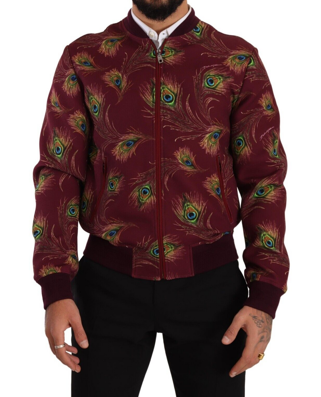 Men’s Dolce &amp; Gabbana Red Peacock Polyester Stretch Full Zip Jacket