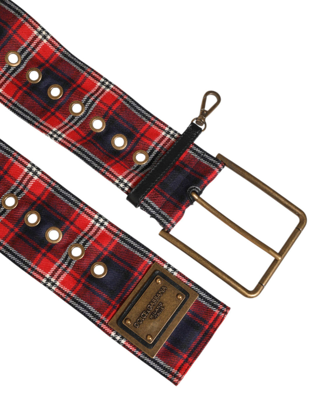 Dolce &amp; Gabbana Red Plaid Fabric Logo Plate Brass Buckle Belt