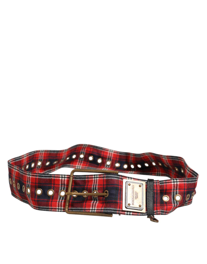 Dolce &amp; Gabbana Red Plaid Fabric Logo Plate Brass Buckle Belt