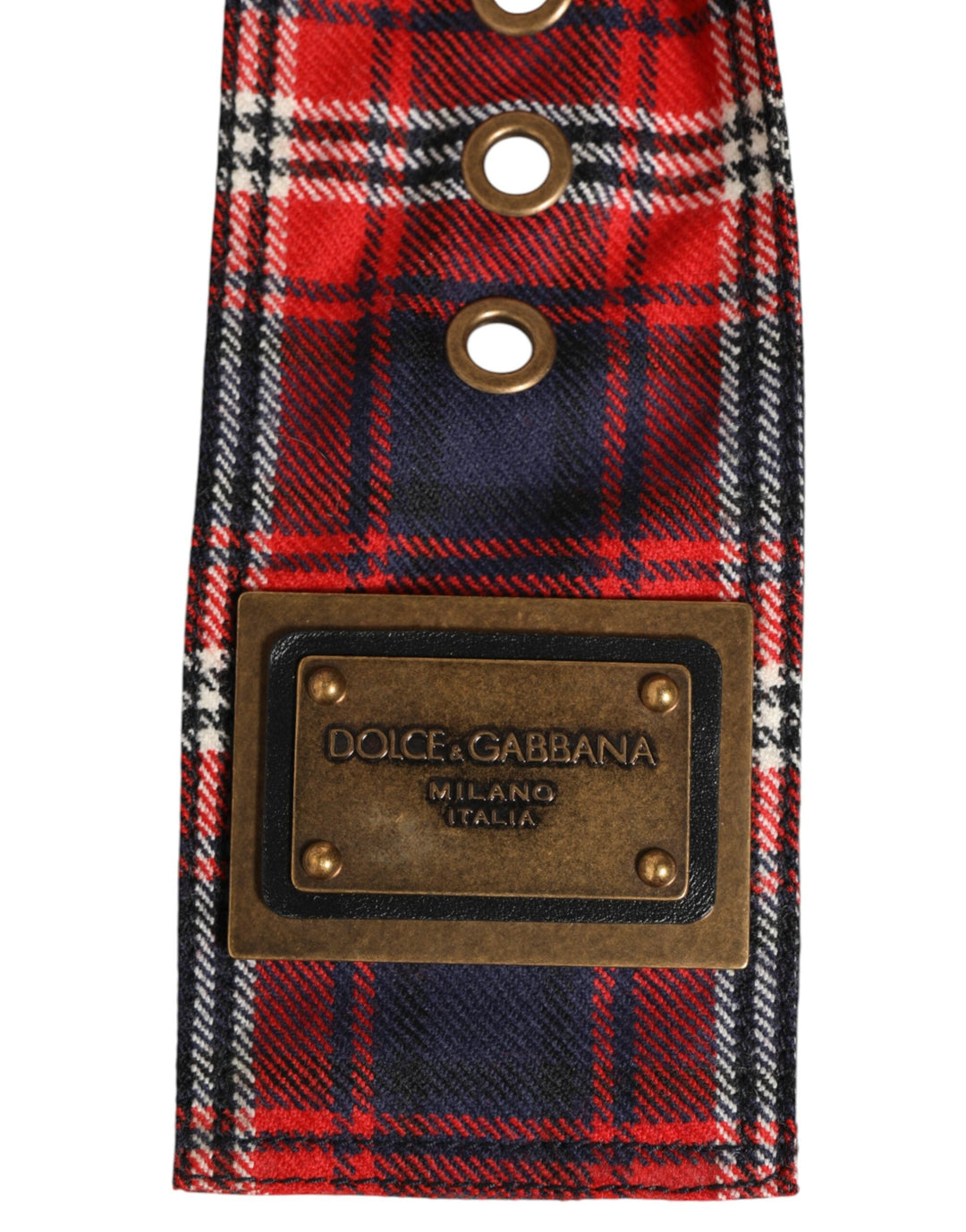 Dolce &amp; Gabbana Red Plaid Fabric Logo Plate Brass Buckle Belt