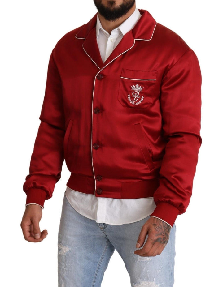 Men’s Dolce &amp; Gabbana Red Silk Button Dg Logo Bomber Jacket