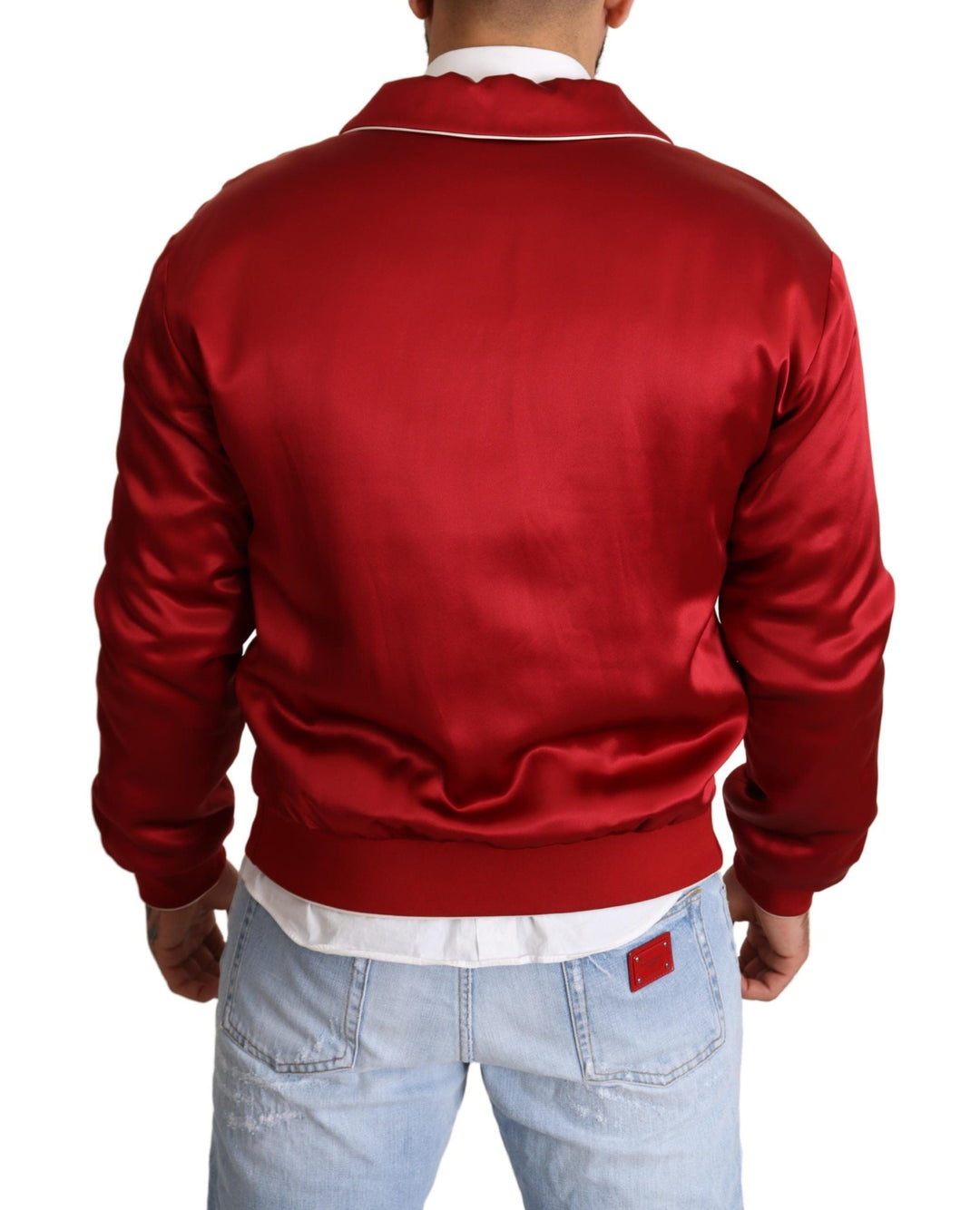 Men’s Dolce &amp; Gabbana Red Silk Button Dg Logo Bomber Jacket
