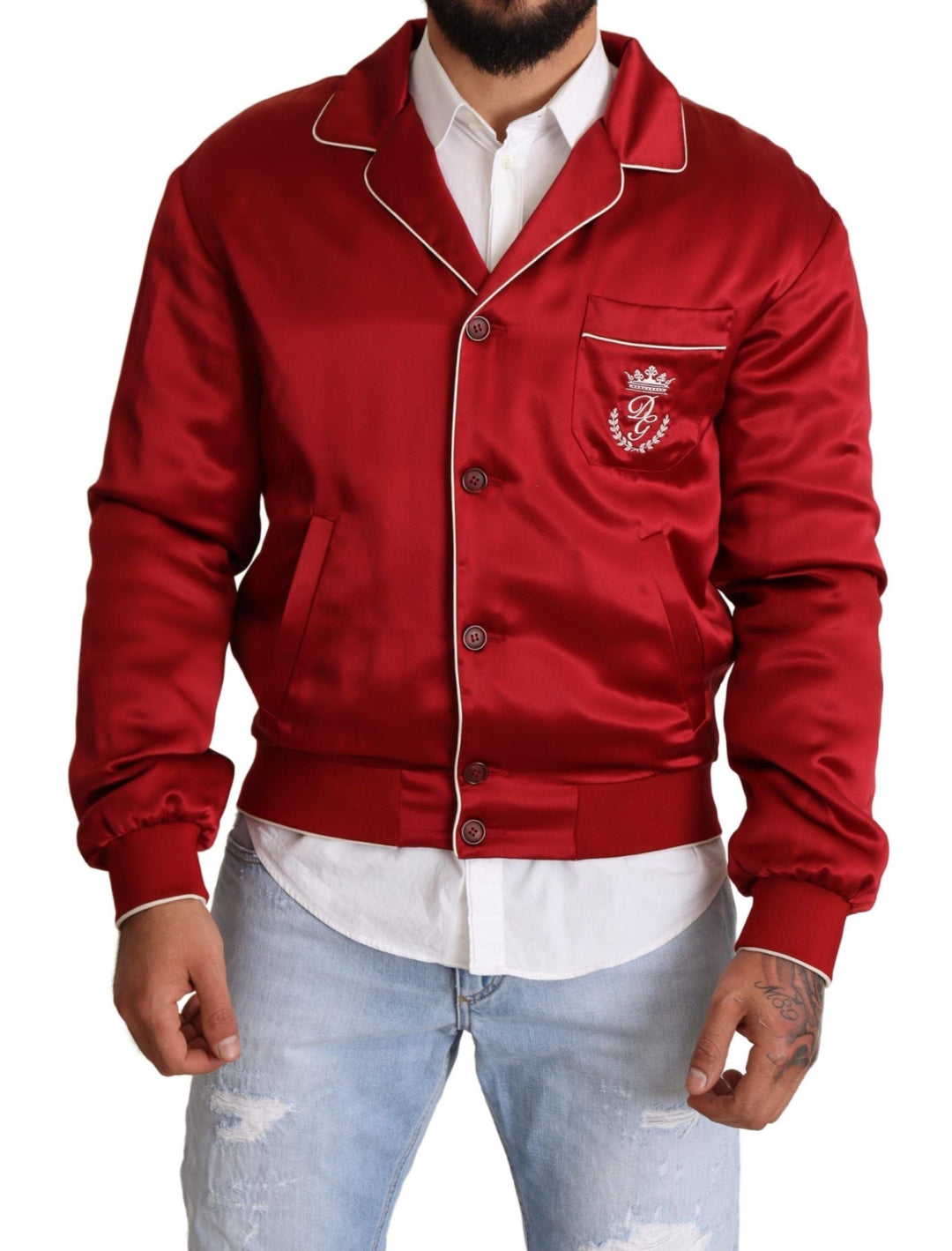 Men’s Dolce & Gabbana Red Silk Button Dg Logo Bomber Jacket