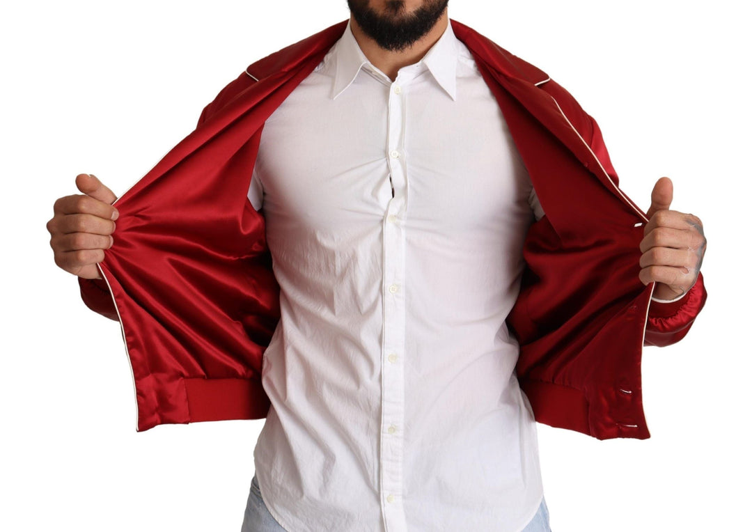 Men’s Dolce &amp; Gabbana Red Silk Button Dg Logo Bomber Jacket
