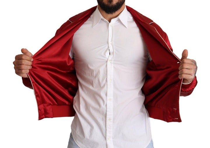 Men’s Dolce &amp; Gabbana Red Silk Button Dg Logo Bomber Jacket