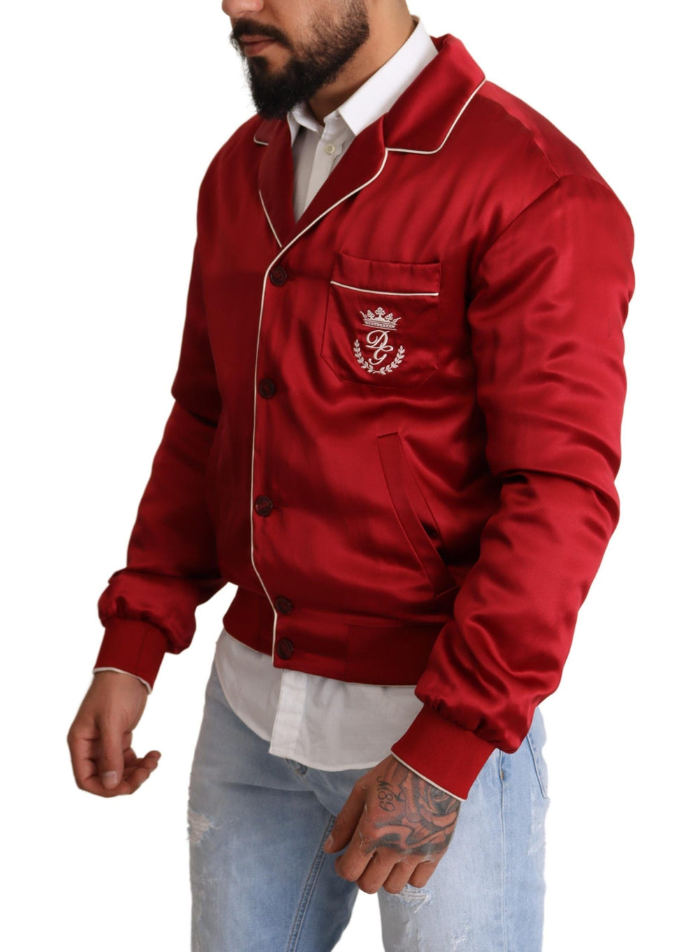 Men’s Dolce & Gabbana Red Silk Button Dg Logo Bomber Jacket