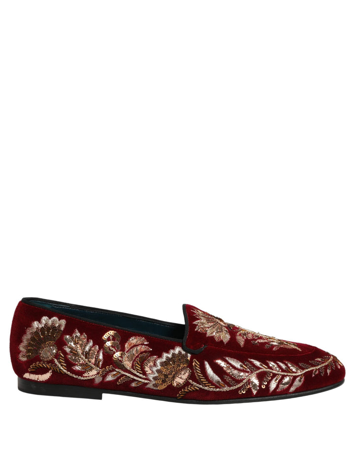 Men’s Dolce &amp; Gabbana Red Velvet Floral Embroidery Loafers Shoes