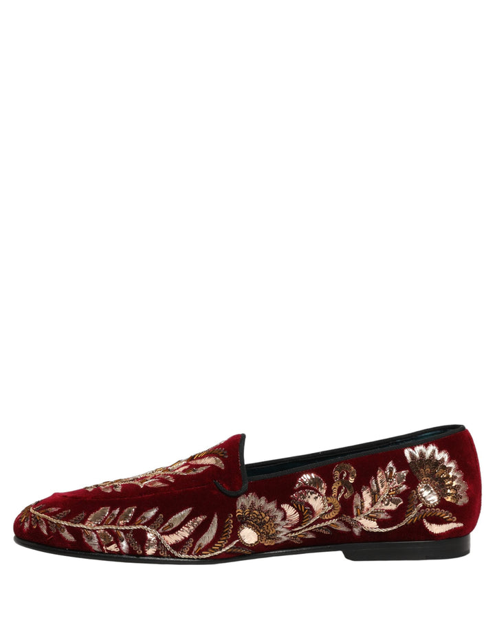 Men’s Dolce &amp; Gabbana Red Velvet Floral Embroidery Loafers Shoes