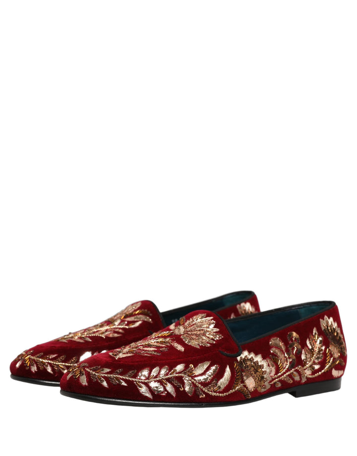 Men’s Dolce &amp; Gabbana Red Velvet Floral Embroidery Loafers Shoes
