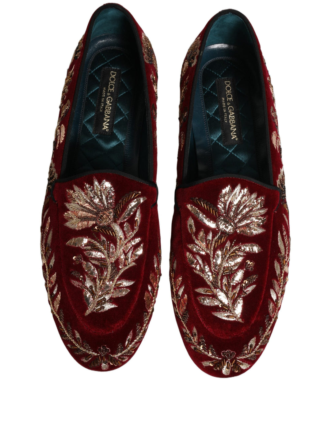 Men’s Dolce &amp; Gabbana Red Velvet Floral Embroidery Loafers Shoes