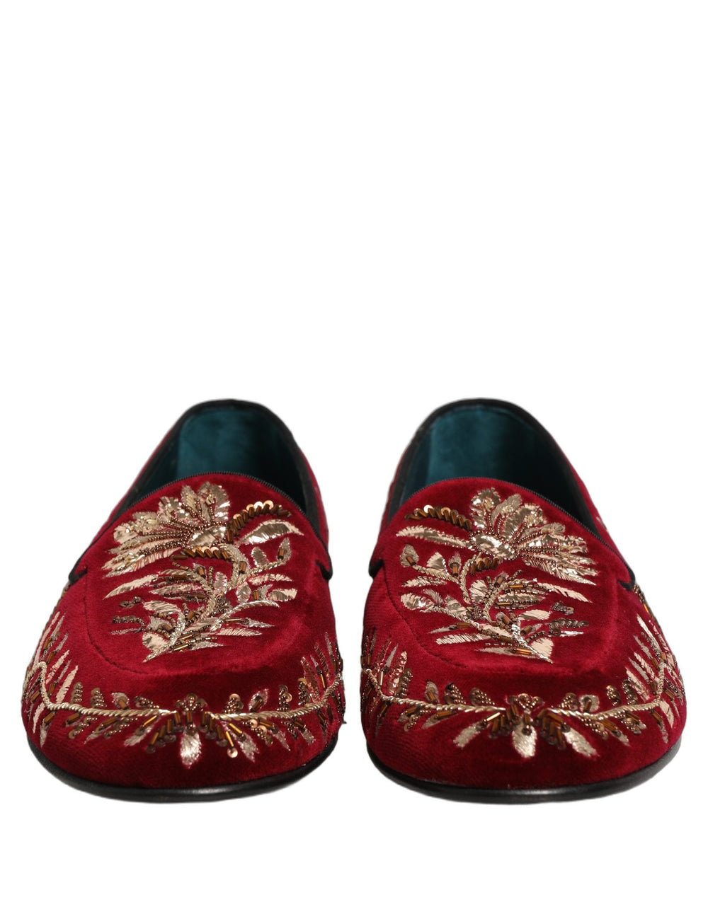 Men’s Dolce & Gabbana Red Velvet Floral Embroidery Loafers Shoes