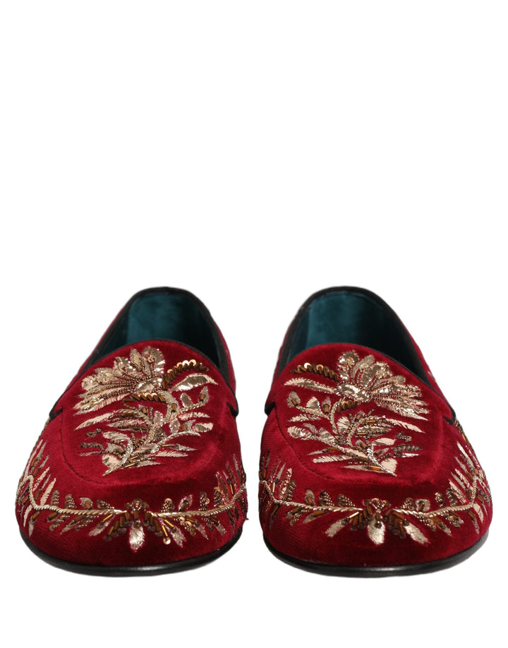Men’s Dolce &amp; Gabbana Red Velvet Floral Embroidery Loafers Shoes