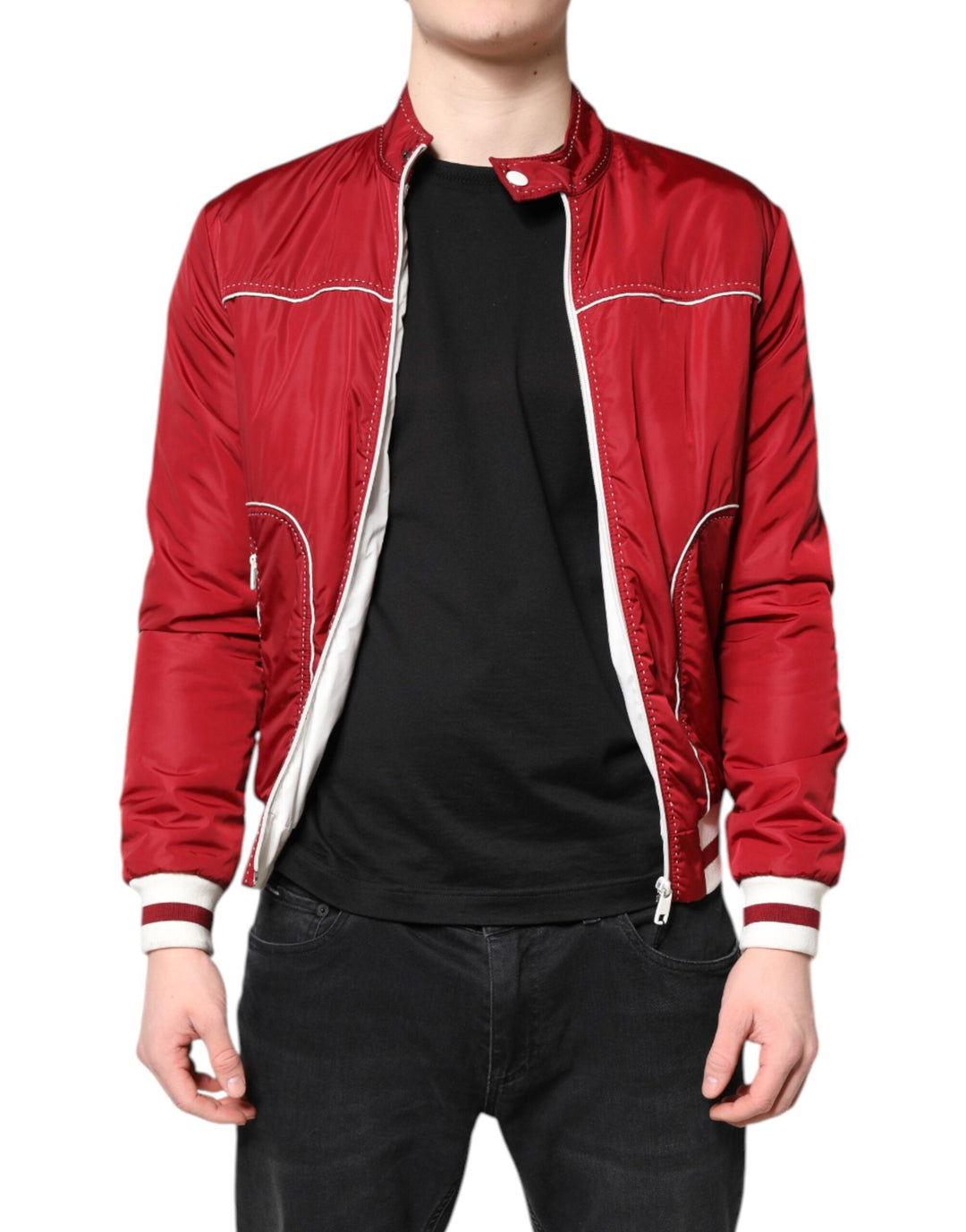 Men’s Dolce & Gabbana Red White Nylon Full Zip Men Bomber Jacket
