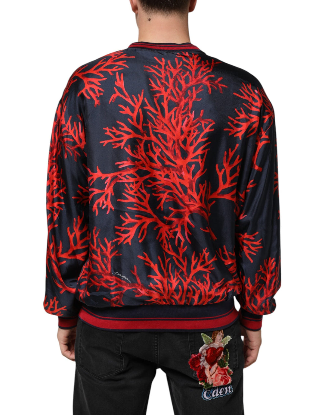 Men’s Dolce &amp; Gabbana Silk Navy Red Coral Print Pullover Sweater