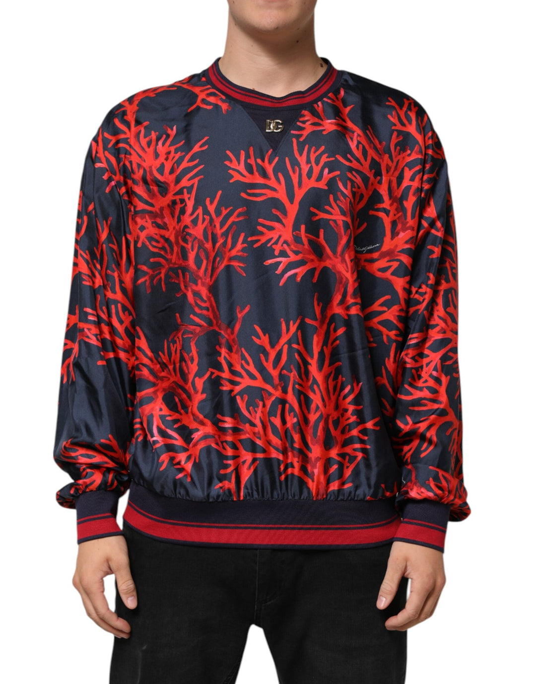 Men’s Dolce &amp; Gabbana Silk Navy Red Coral Print Pullover Sweater