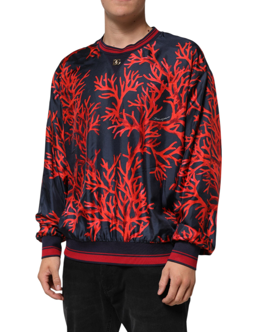 Men’s Dolce &amp; Gabbana Silk Navy Red Coral Print Pullover Sweater