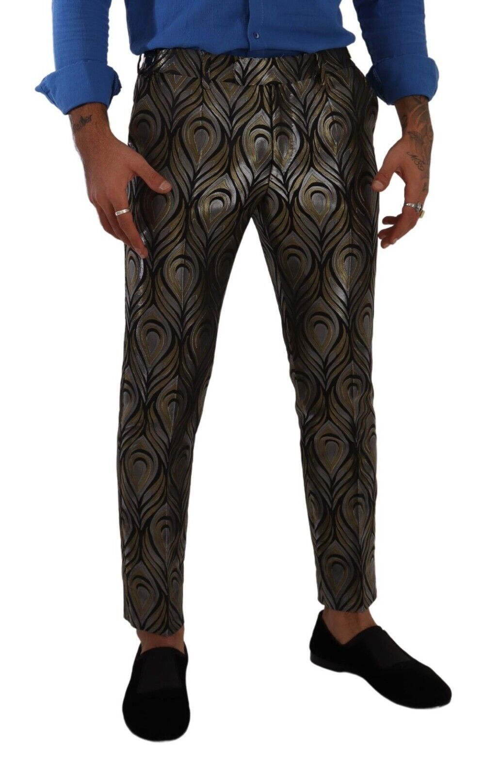 Men’s Dolce &amp; Gabbana Silver Gold Jacquard Men Trouser Dress Pants