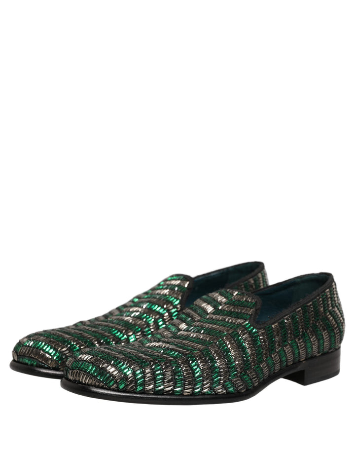 Men’s Dolce &amp; Gabbana Silver Green Embellished Dress Loafers Shoes