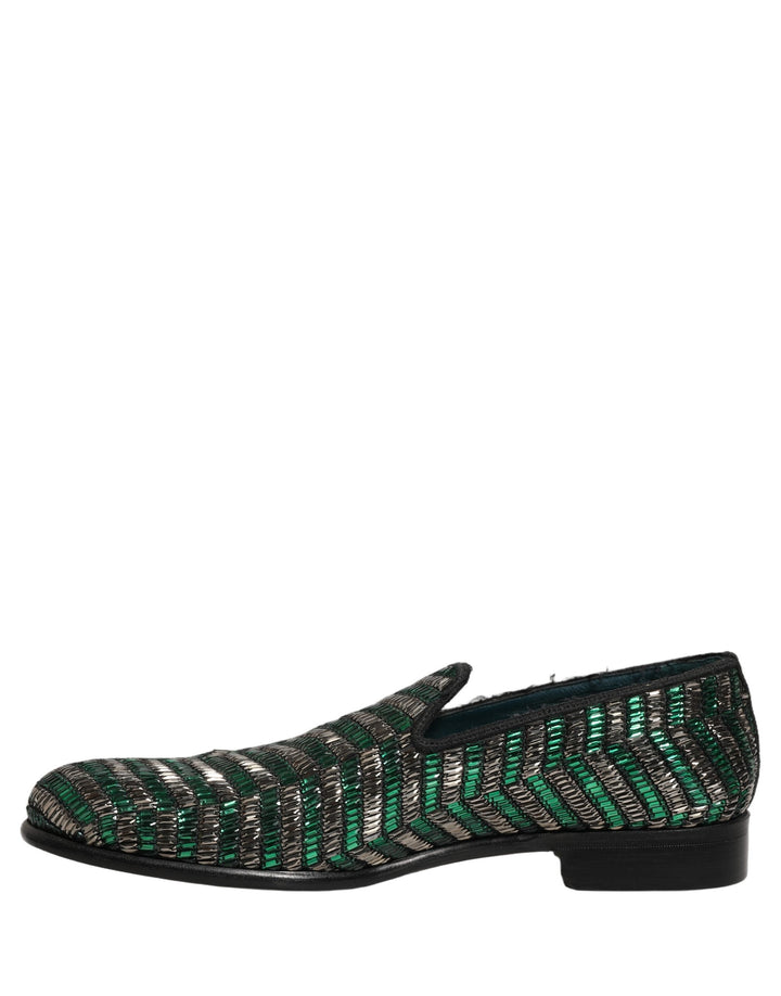 Men’s Dolce &amp; Gabbana Silver Green Embellished Dress Loafers Shoes